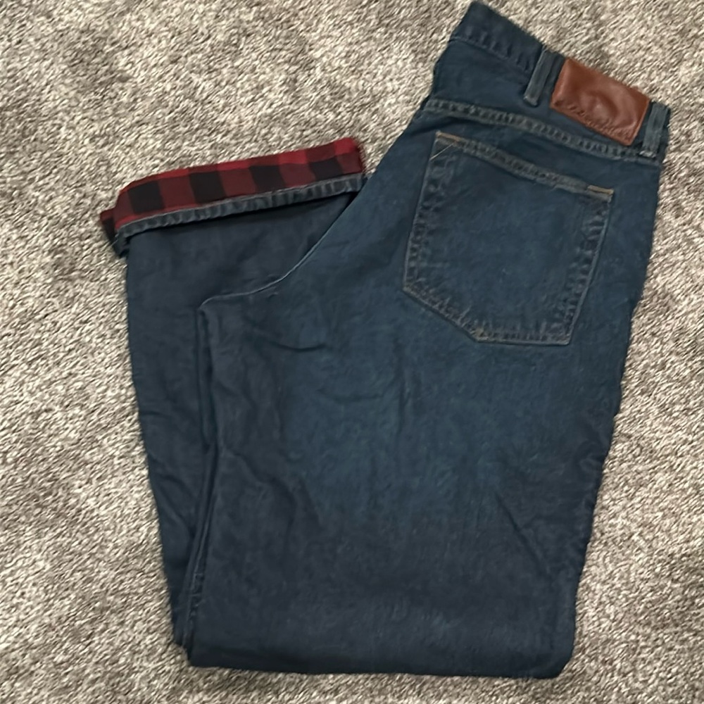 Eddie Bauer Mens Flannel Lined Buffalo Plaid Dark Blue Denim Jeans Sz 38/32